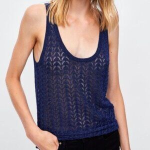 Zara Midnight Blue Metallic Knit Sheer Tank Top